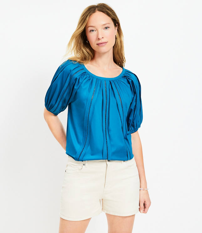 Petite Shell Eyelet Tie Back Square Neck Blouse - Cobalt Current