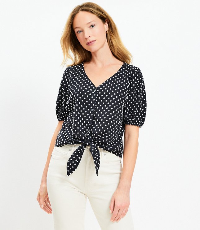 Petite Clip Puff Sleeve Tie Front Blouse