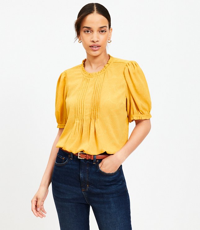 Petite Palm Pintucked Puff Sleeve Mixed Media Blouse