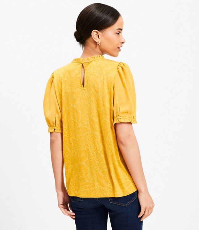 Petite Palm Pintucked Puff Sleeve Mixed Media Blouse