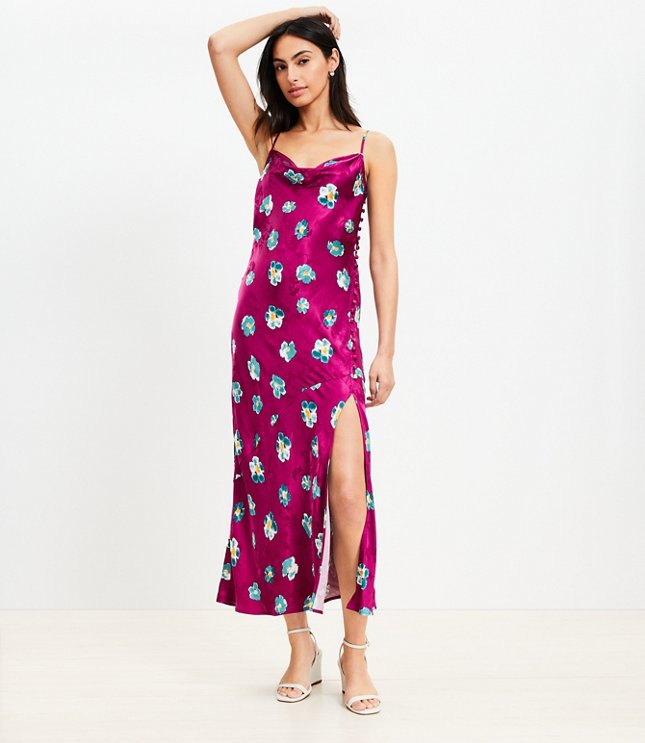 Petite Ikat Buttercup Satin Button Strappy Bias Midi Dress