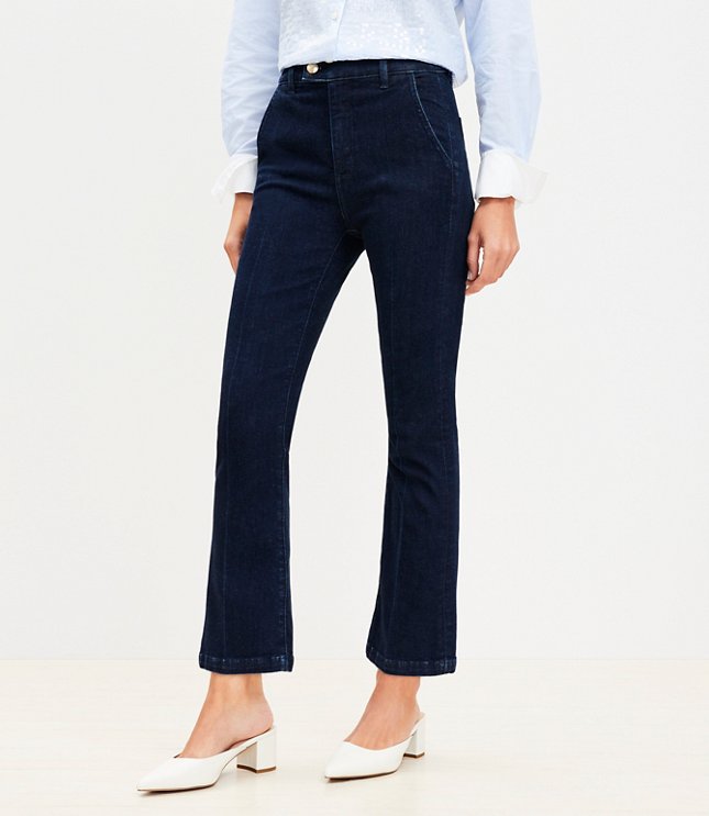 Petite Creased Tab Waist High Rise Kick Crop Jeans in Refined Dark Indigo Wash