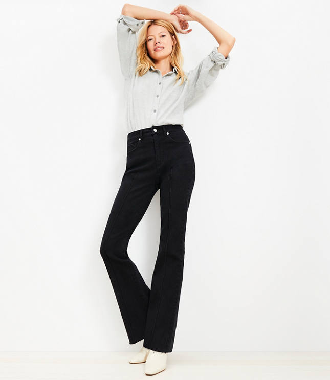 Petite Pintucked Fresh Cut High Rise Slim Flare Jeans in Washed Black