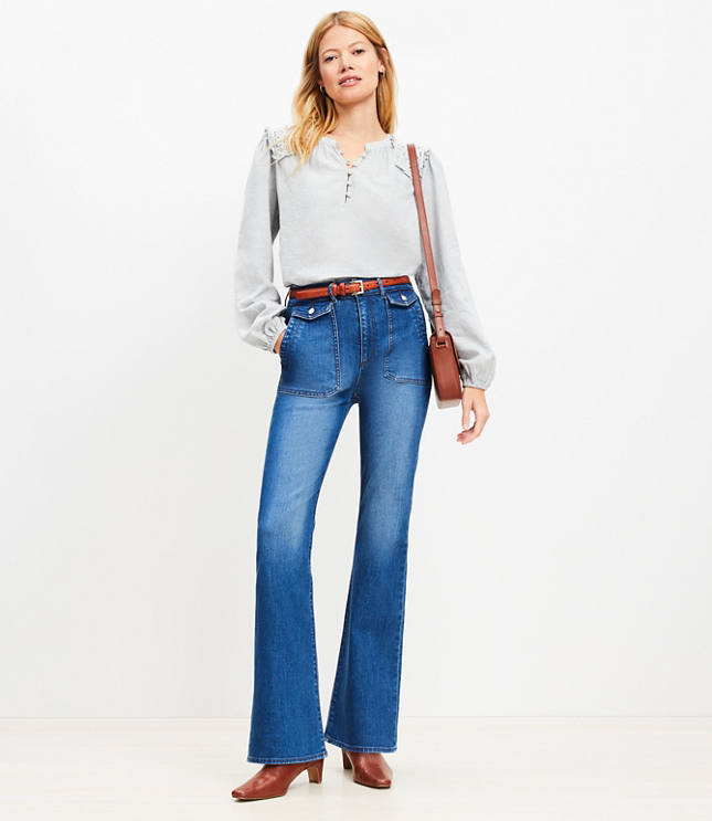 Utility Pocket High Rise Slim Flare Jeans in Stone Wash