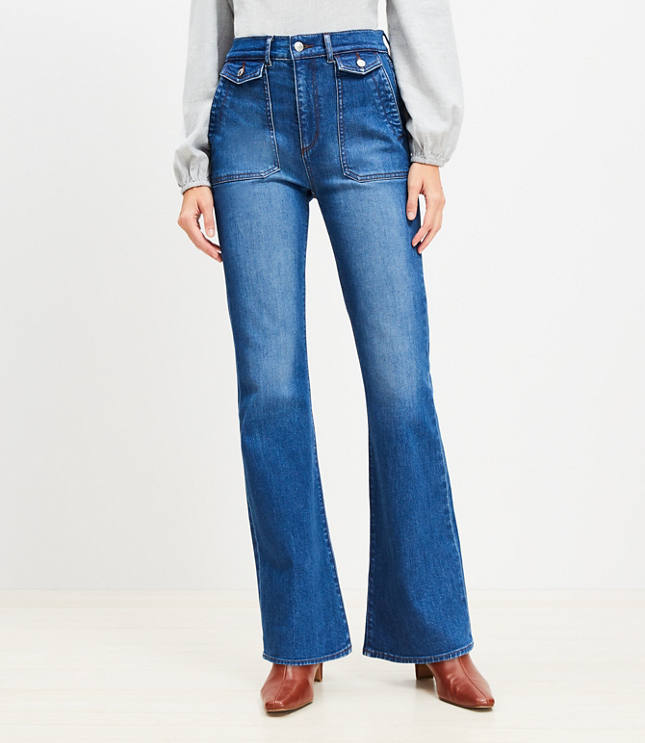 Utility Pocket High Rise Slim Flare Jeans in Stone Wash