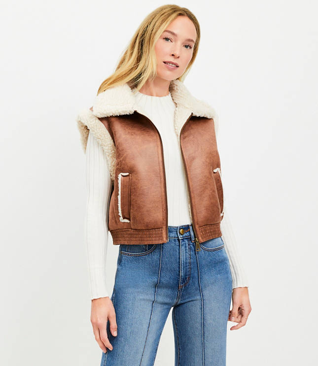 Crackle Faux Leather Shearling Pocket Vest