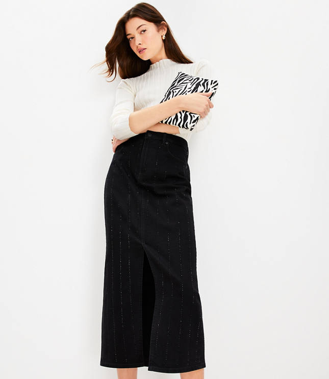 Sparkle Pinstripe Denim Midi Skirt Washed Black