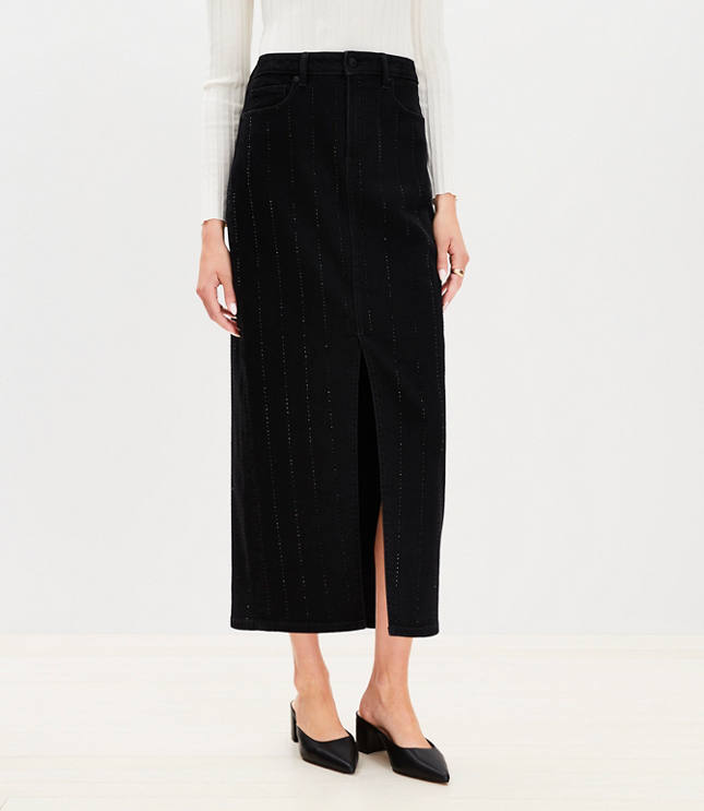 Sparkle Pinstripe Denim Midi Skirt Washed Black