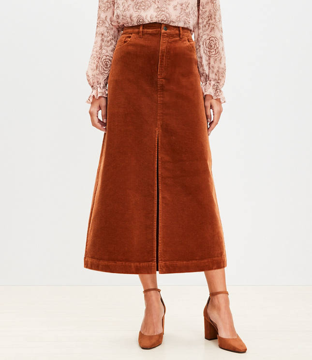 Petite Corduroy Front Slit Midi Skirt