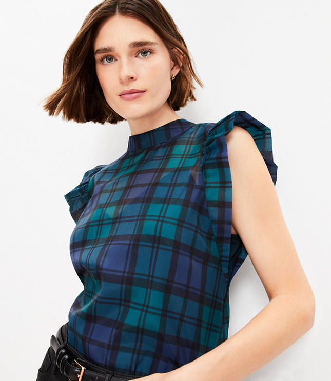 Plaid Bow Back Ruffle Shell