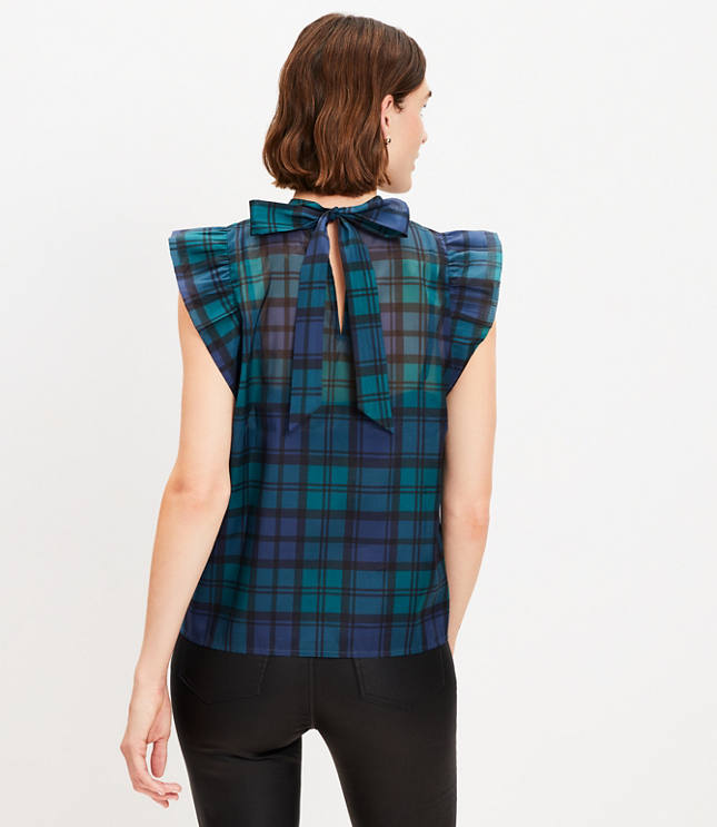 Plaid Bow Back Ruffle Shell