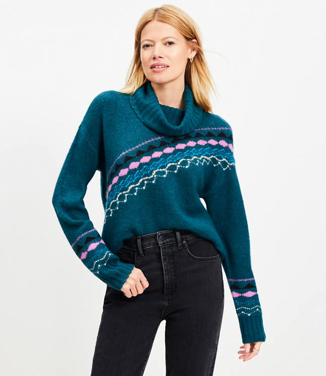 Diagonal Fair Isle Cowl Neck Sweater