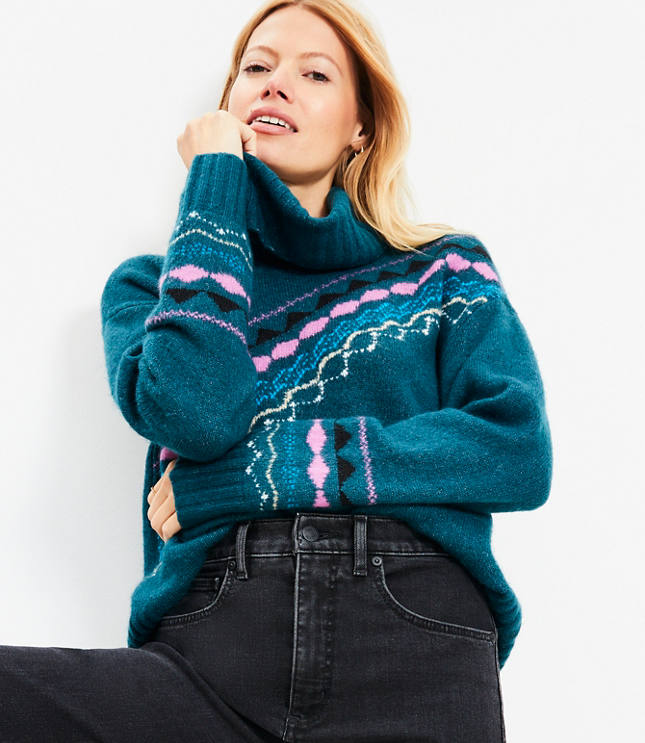 Diagonal Fair Isle Cowl Neck Sweater