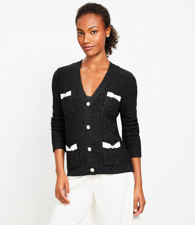 Pearlized Sparkle Bow Sweater Jacket