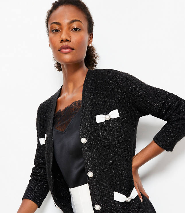 Pearlized Sparkle Bow Sweater Jacket