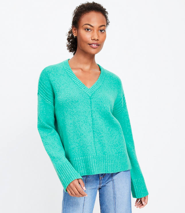 Petite Rib Trim Wide Sleeve V-Neck Sweater