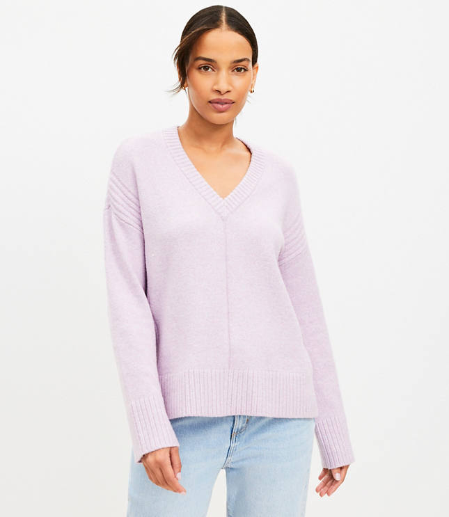 Petite Rib Trim Wide Sleeve V-Neck Sweater