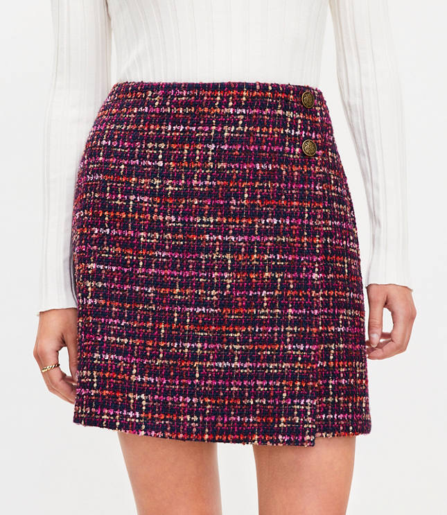 Tall Tweed Button Trim Mini Wrap Skirt