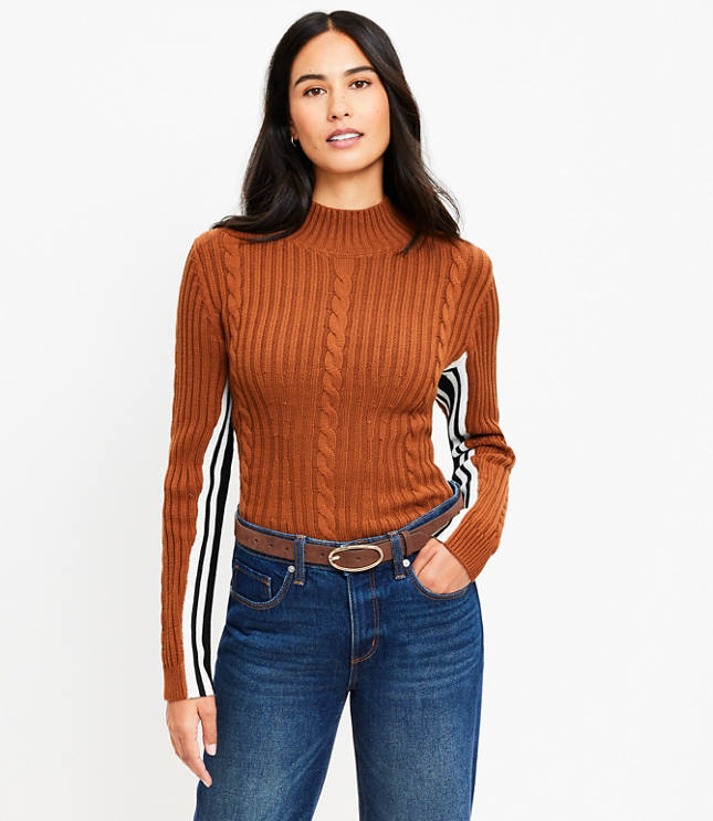 Side Striped Cable Mock Neck Sweater