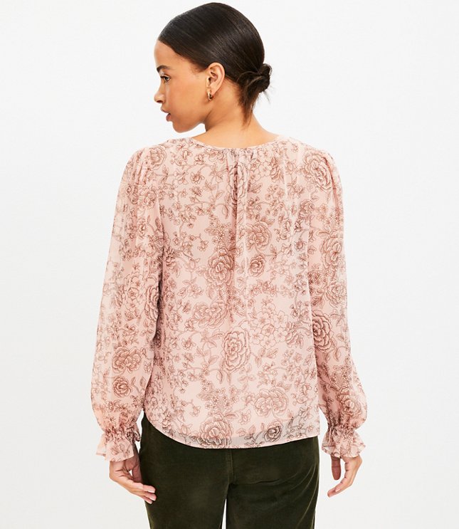 Etched Floral Double Tie Neck Blouse