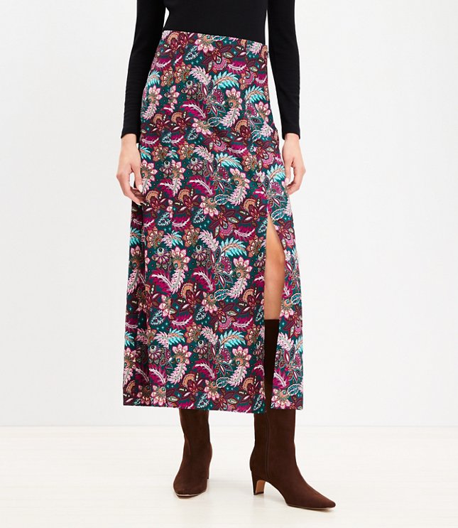 Paisley Side Slit Midi Skirt