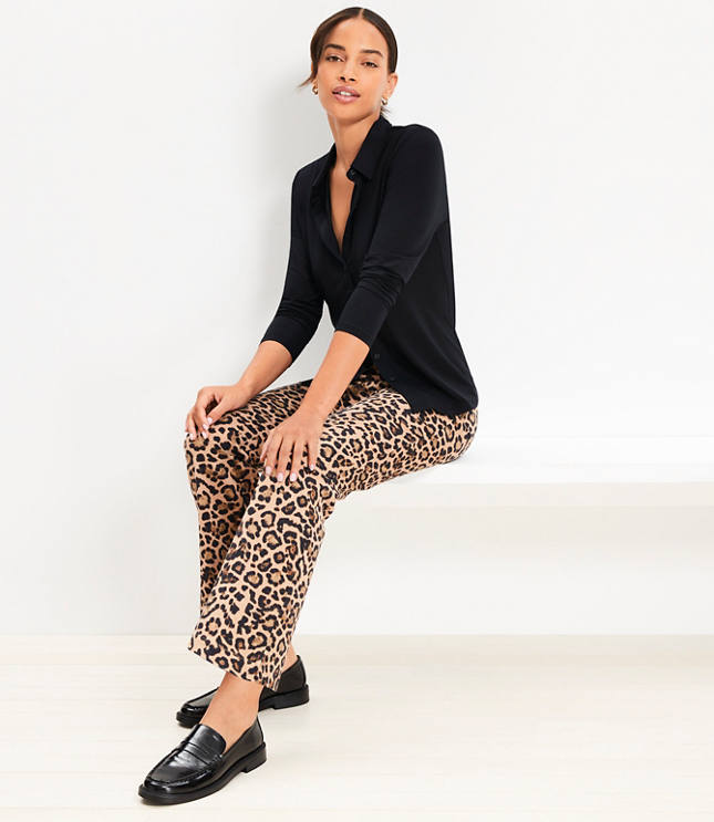 Side Zip Ankle Flare Pants in Leopard Print Twill