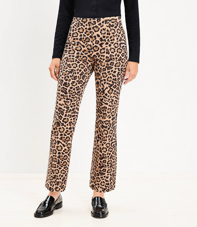 Side Zip Ankle Flare Pants in Leopard Print Twill