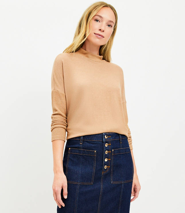 Heathered Ribtrim Jersey Mock Neck Top