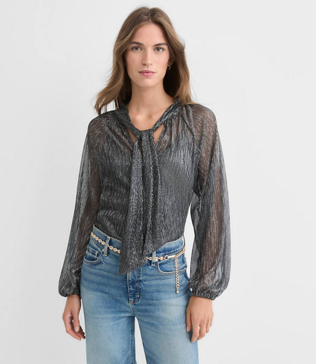 Metallic Shirred Tie Neck Blouse