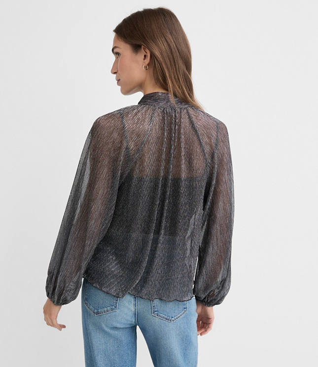 Metallic Shirred Tie Neck Blouse