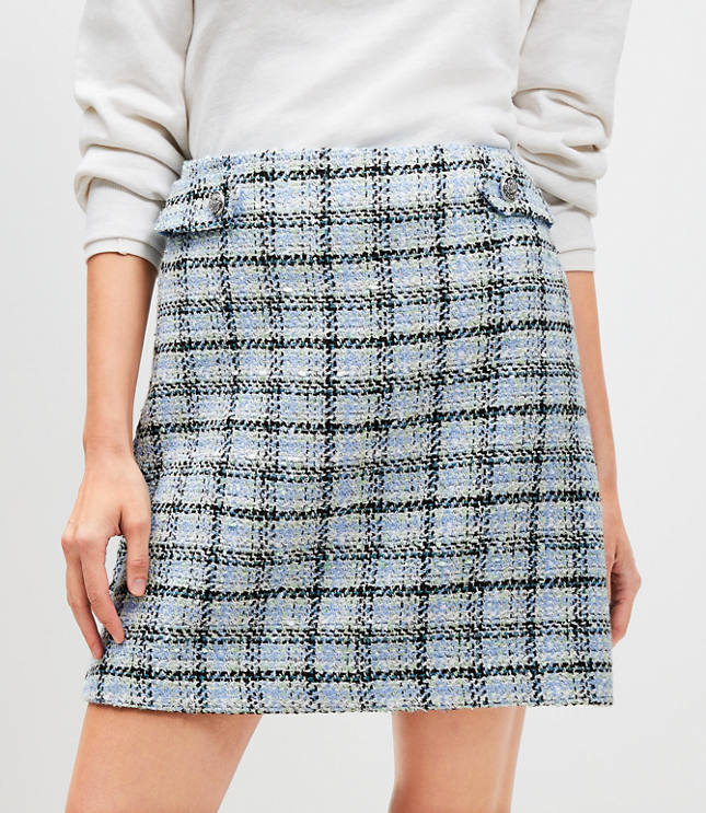 Plaid Tweed Button Tab Mini Skirt