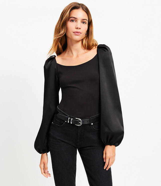 Petite Satin Sleeve Ponte Mixed Media Top