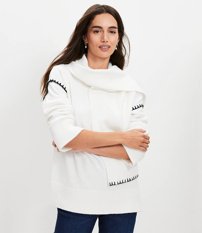 Petite Stitched Trim Removable Scarf Sweater