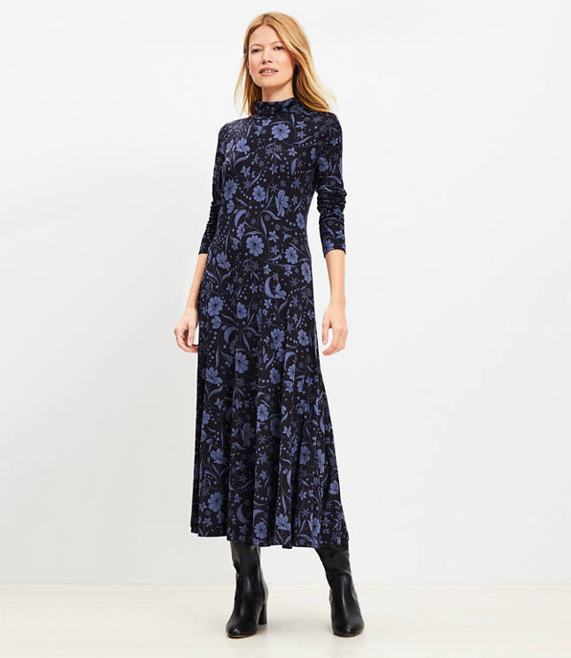 Petite Snowflake Bloom Godet Turtleneck Maxi Dress