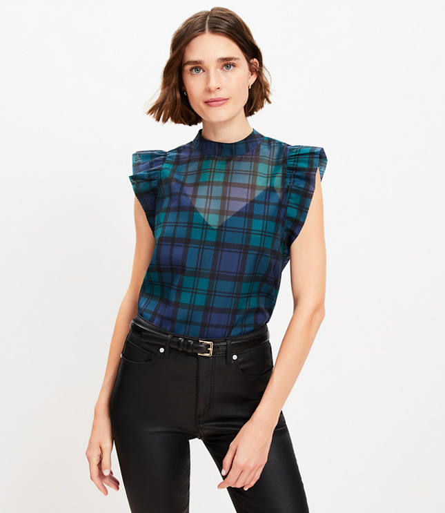 Petite Plaid Bow Back Ruffle Shell