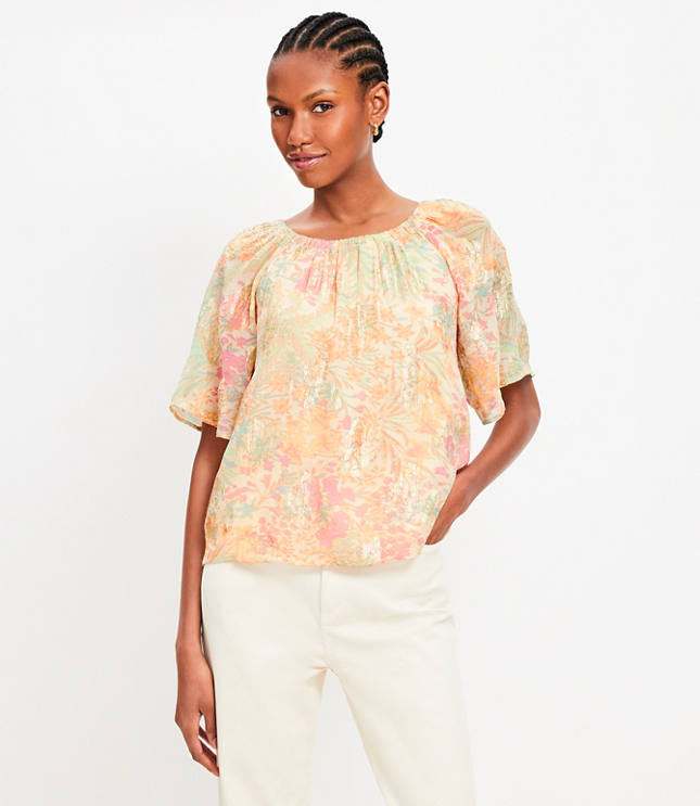 Petite Shimmer Floral Tie Back Flutter Top