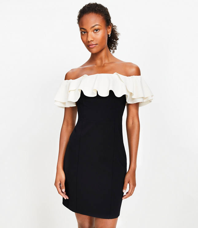 Petite Ponte Ruffle Off The Shoulder Mini Dress