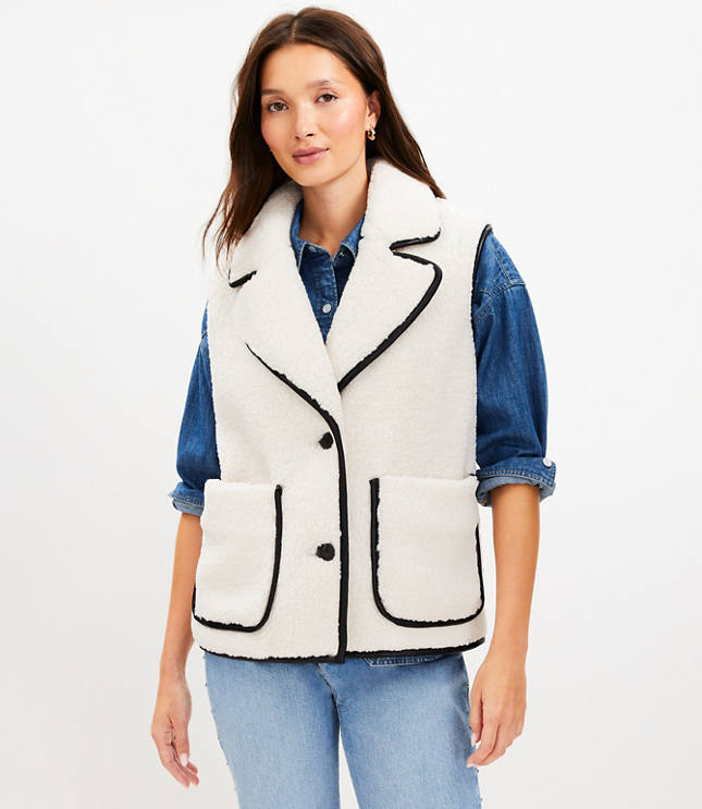 Petite Faux Leather Trim Sherpa Vest