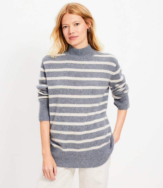 Striped Mock Neck Cashmere Tunic Sweater