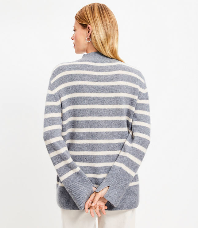 Striped Mock Neck Cashmere Tunic Sweater