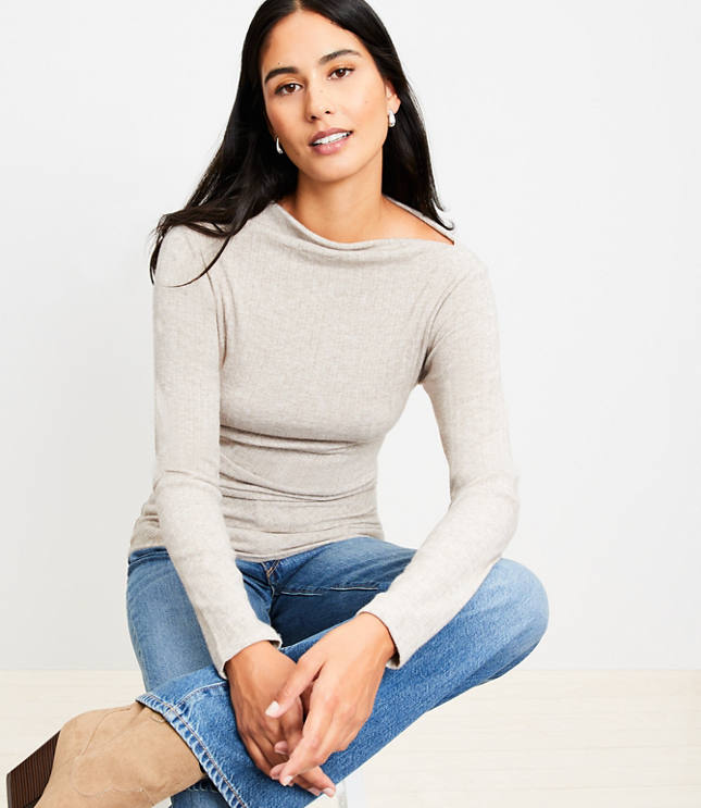 Heathered Cozy Ribbed Asymmetric Neck Top