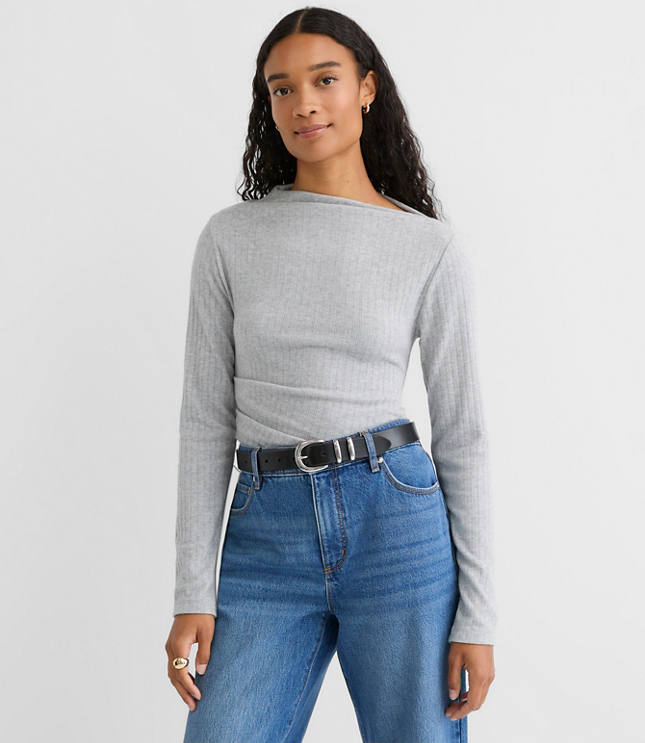 Heathered Cozy Ribbed Asymmetric Neck Top