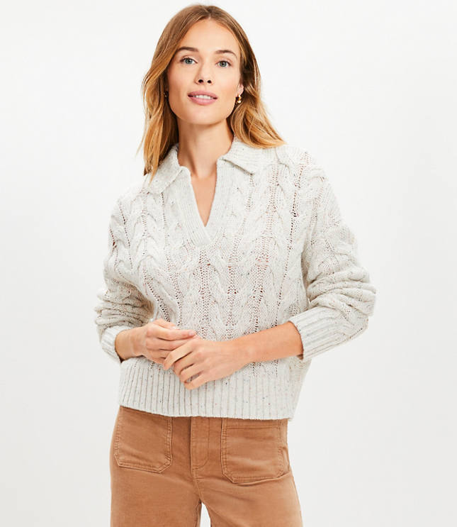 Petite Flecked Collared Split Neck Cable Sweater