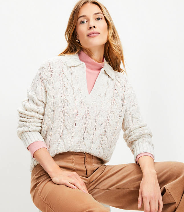 Petite Flecked Collared Split Neck Cable Sweater