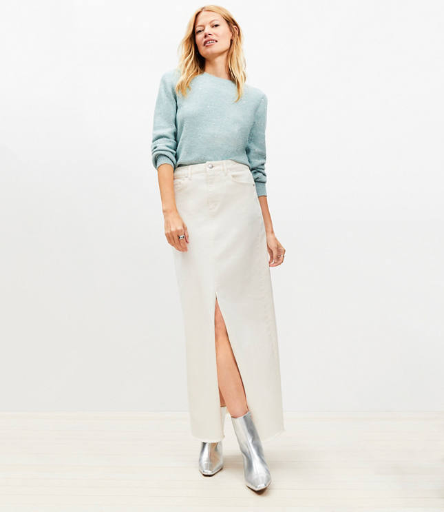 Petite Frayed Denim Maxi Skirt in Ivory