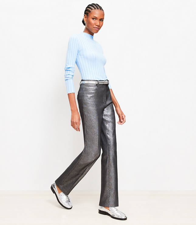 Petite Straight Pants in Metallic Texture