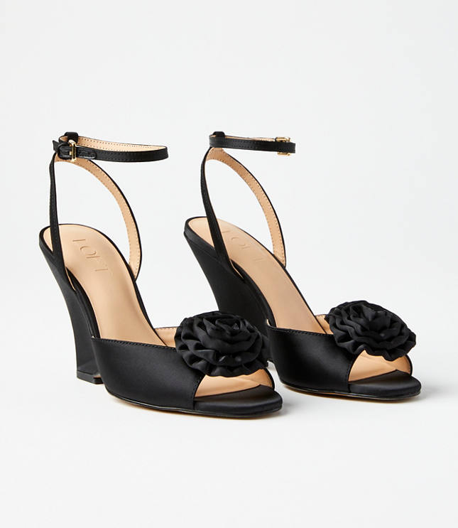 Rosette Satin Ankle Strap Wedge Sandals - Black