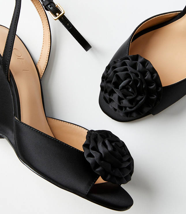 Rosette Satin Ankle Strap Wedge Sandals - Black