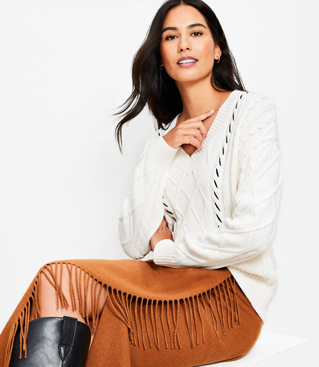 Petite Stitched V-Neck Cable Sweater