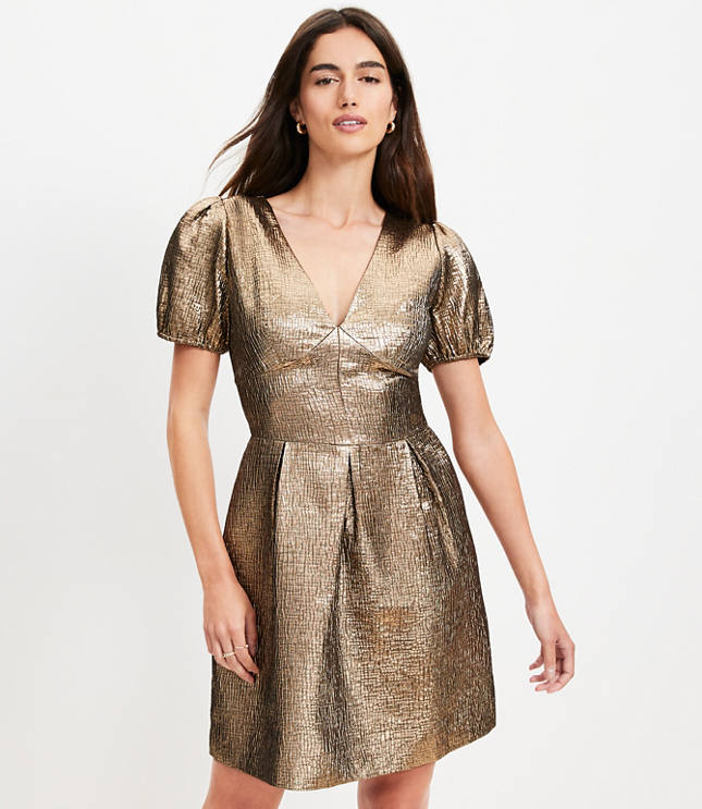 Petite Metallic Jacquard V-Neck Mini Flare Dress